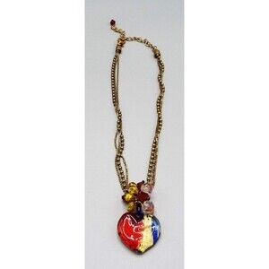 Chico's 1 Strand Red White Blue Dichroic Glass Heart Ball Chain 21" Necklace